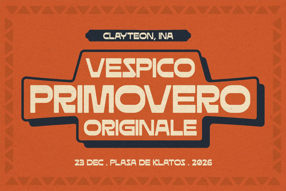 Vintage Italian badge design with burnt orange background, cream lettering, navy outlines, event details below