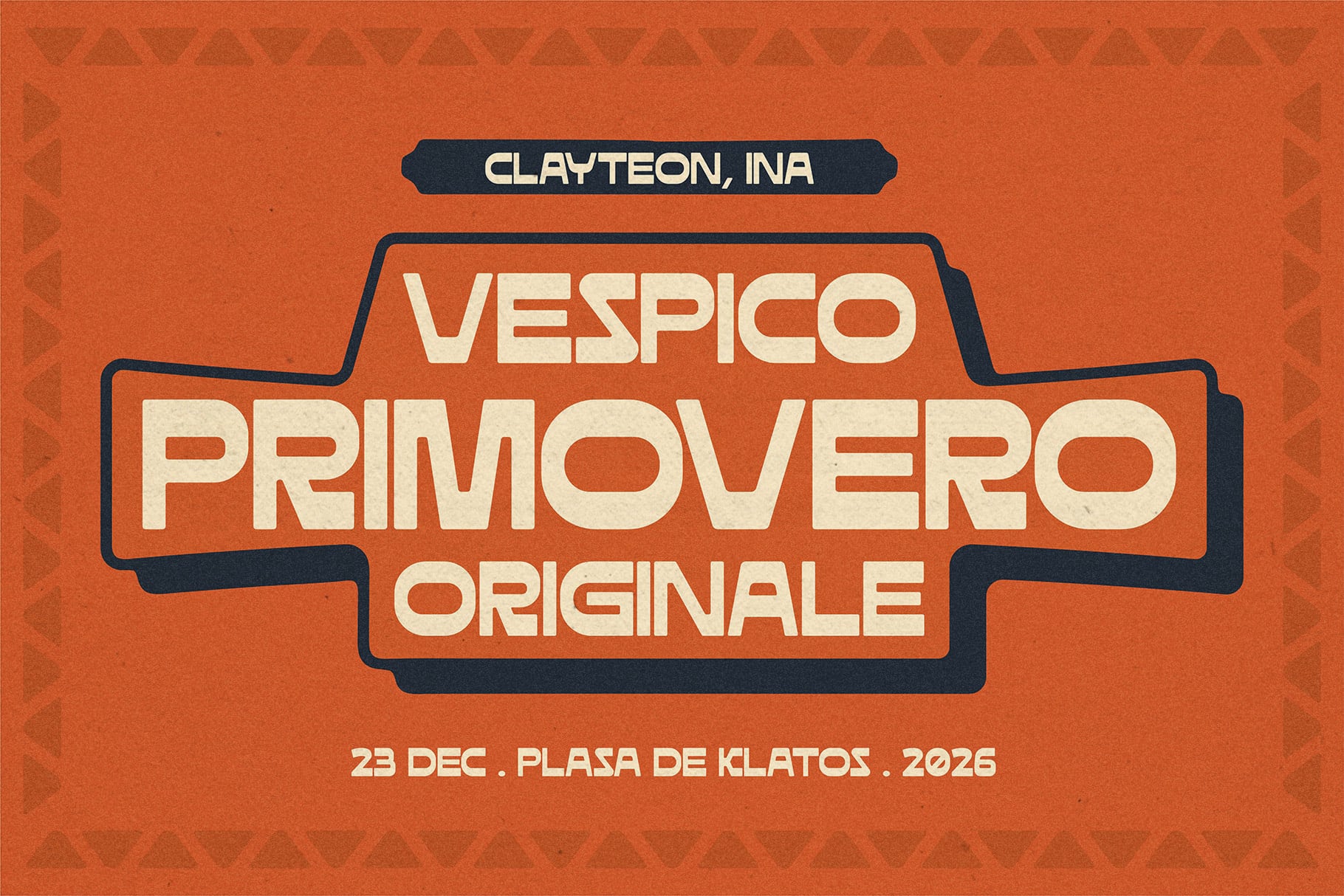 Vintage Italian badge design with burnt orange background, cream lettering, navy outlines, event details below