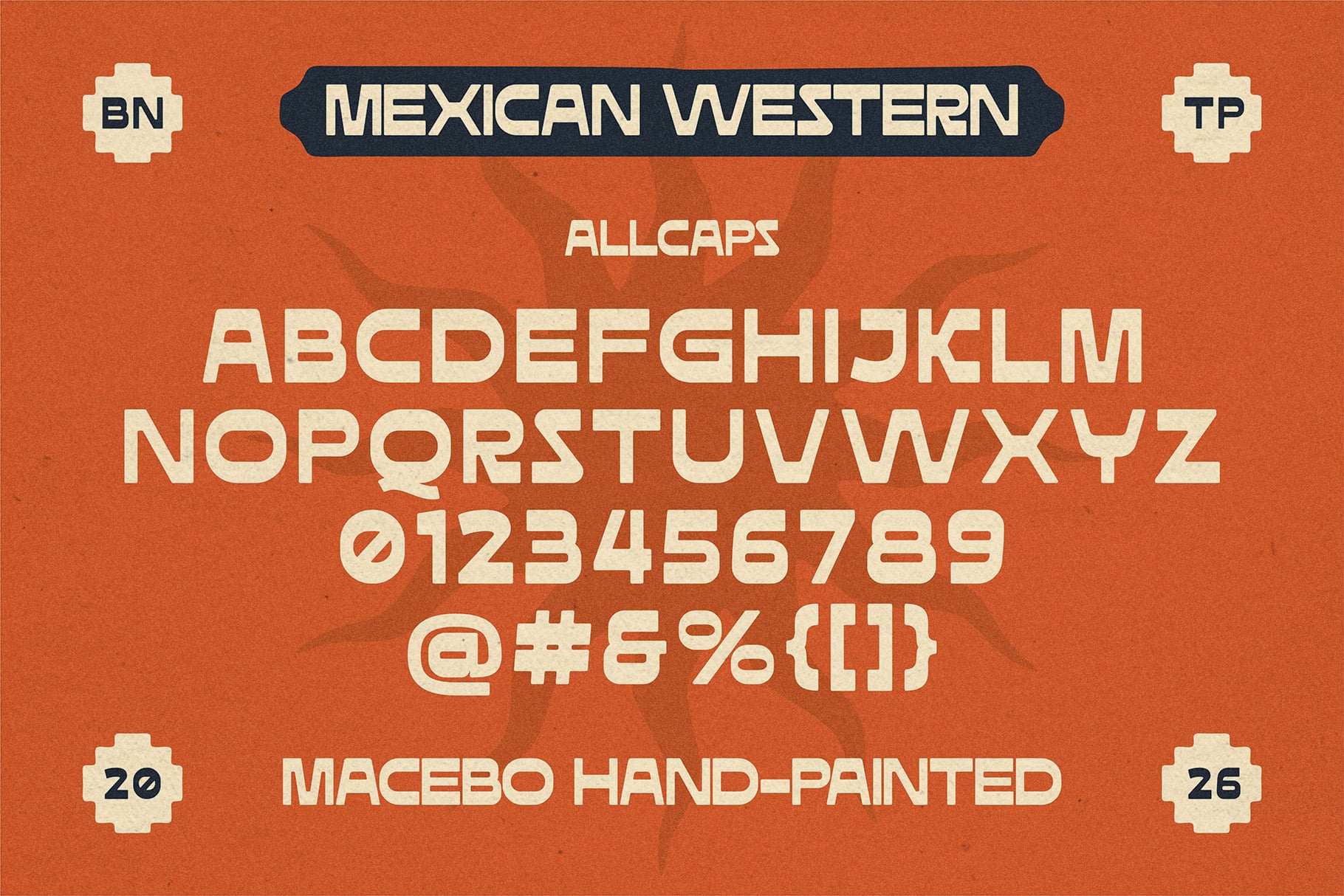 Retro western font with full character set on burnt orange background with decorative corners