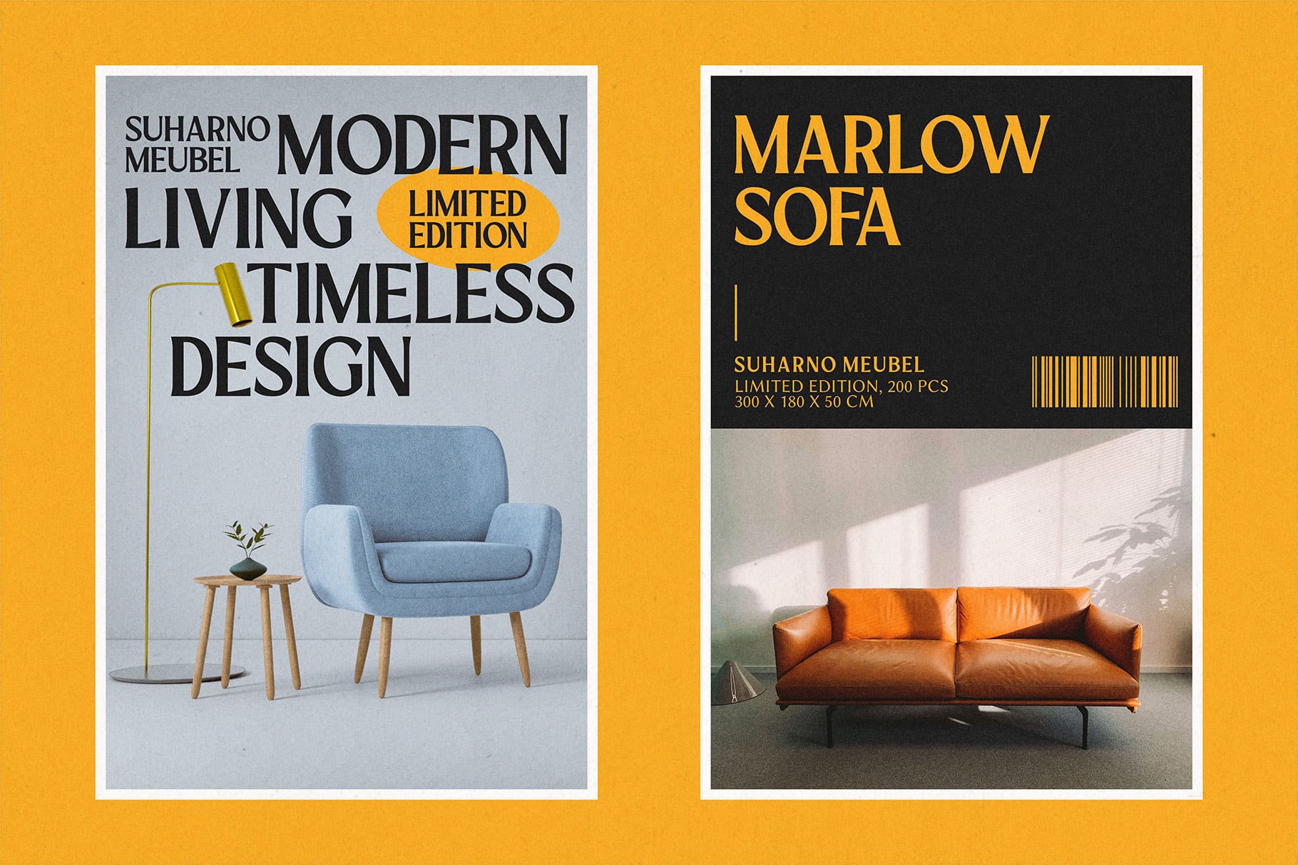 Two modern furniture posters side by side on golden yellow background with bold typography