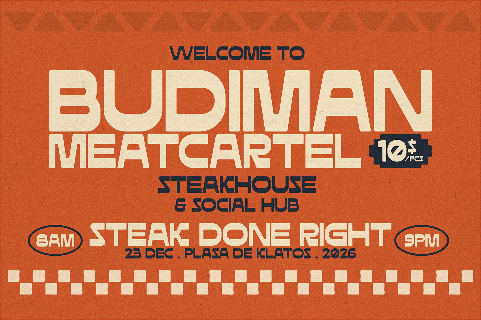 Retro steakhouse meat cartel poster with bold cream lettering on burnt orange background