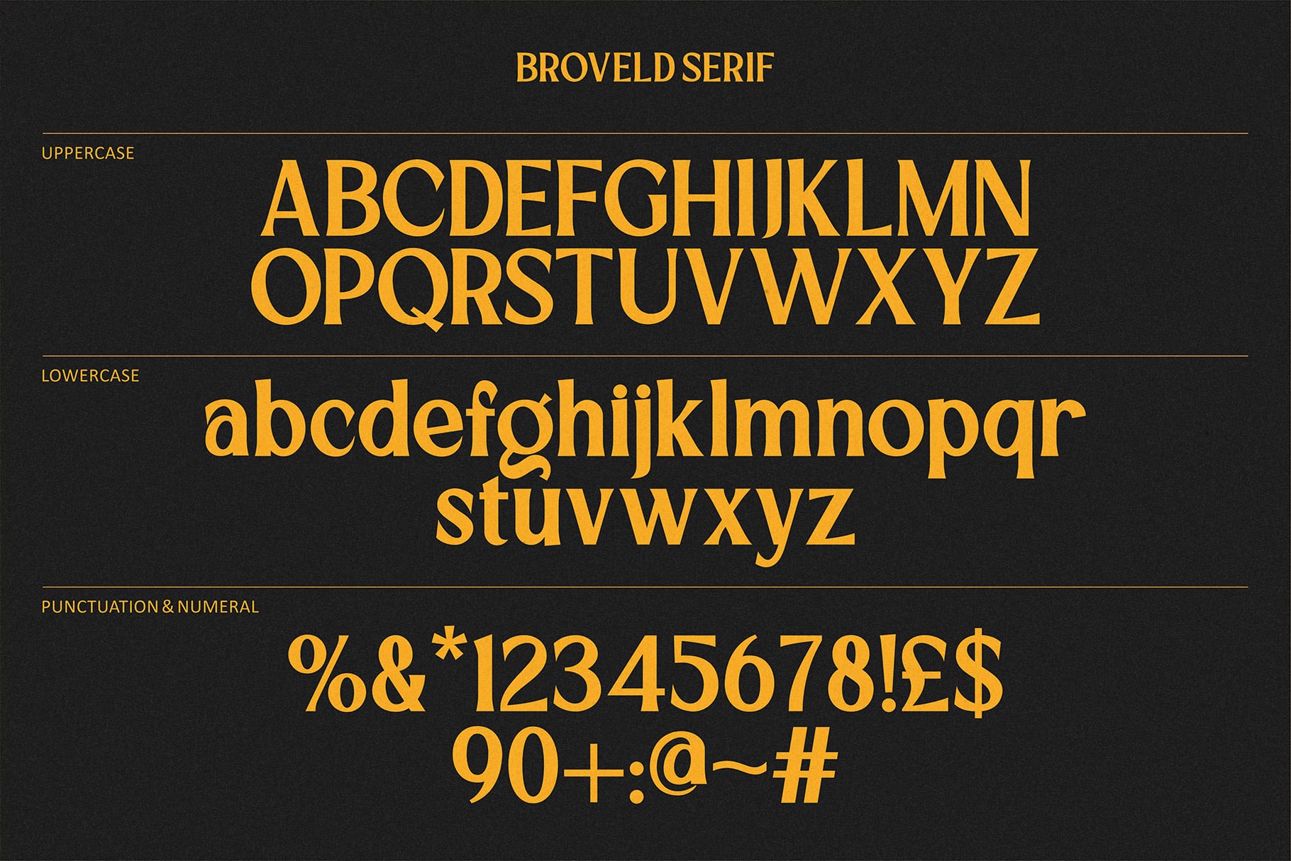 Broveld Serif font family showing uppercase, lowercase, numbers, punctuation in gold on dark background