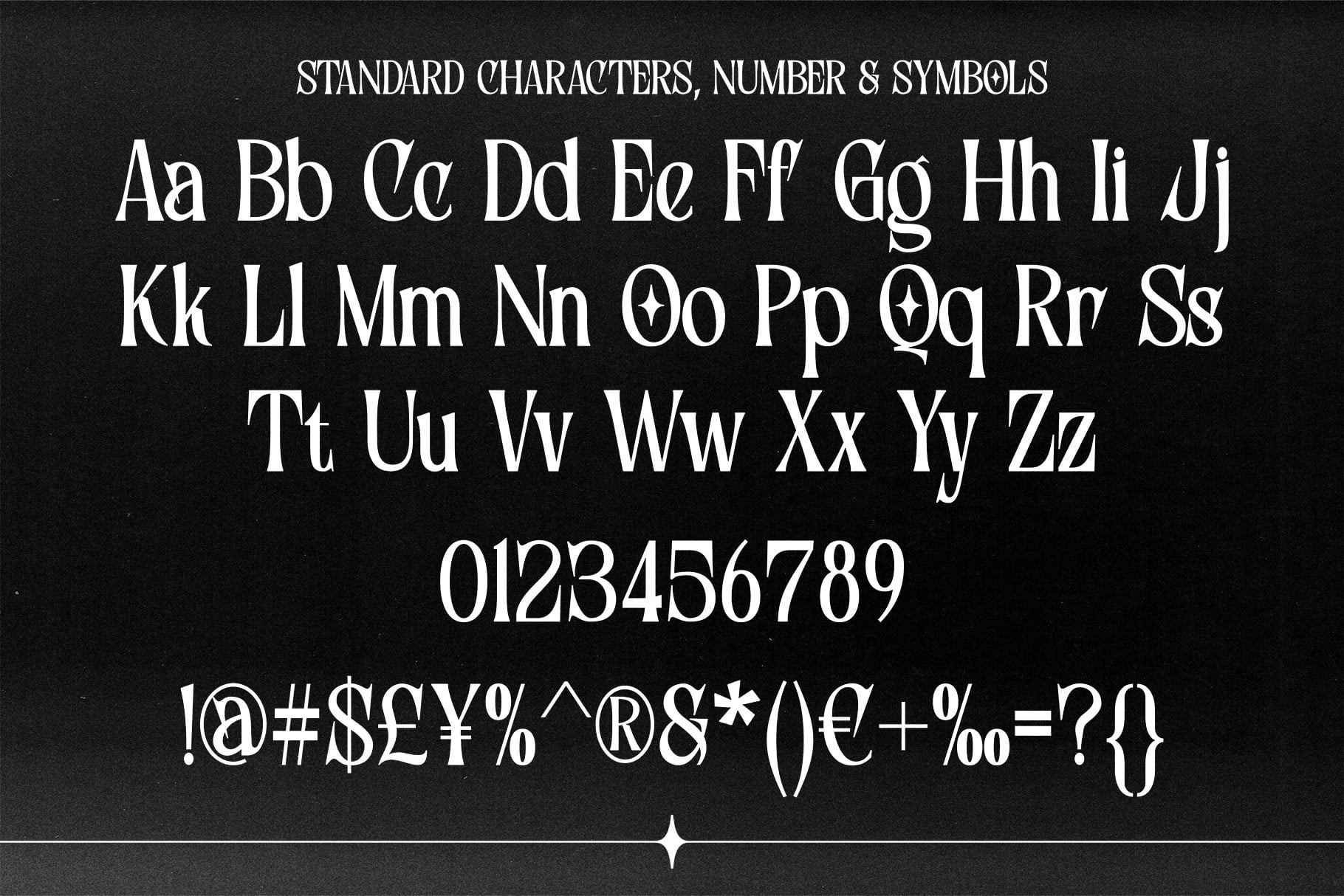 Elegant serif font showing full alphabet in uppercase, lowercase, numbers, plus currency symbols on black background