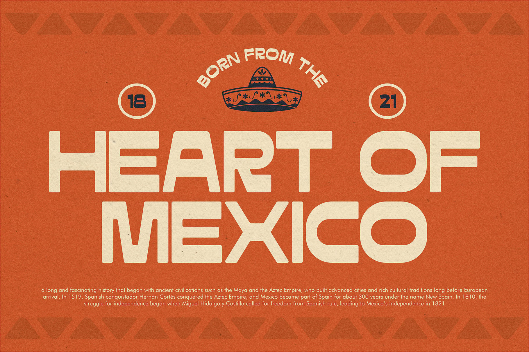 Retro poster with cream text on burnt orange background, sombrero icon, dates 18-21