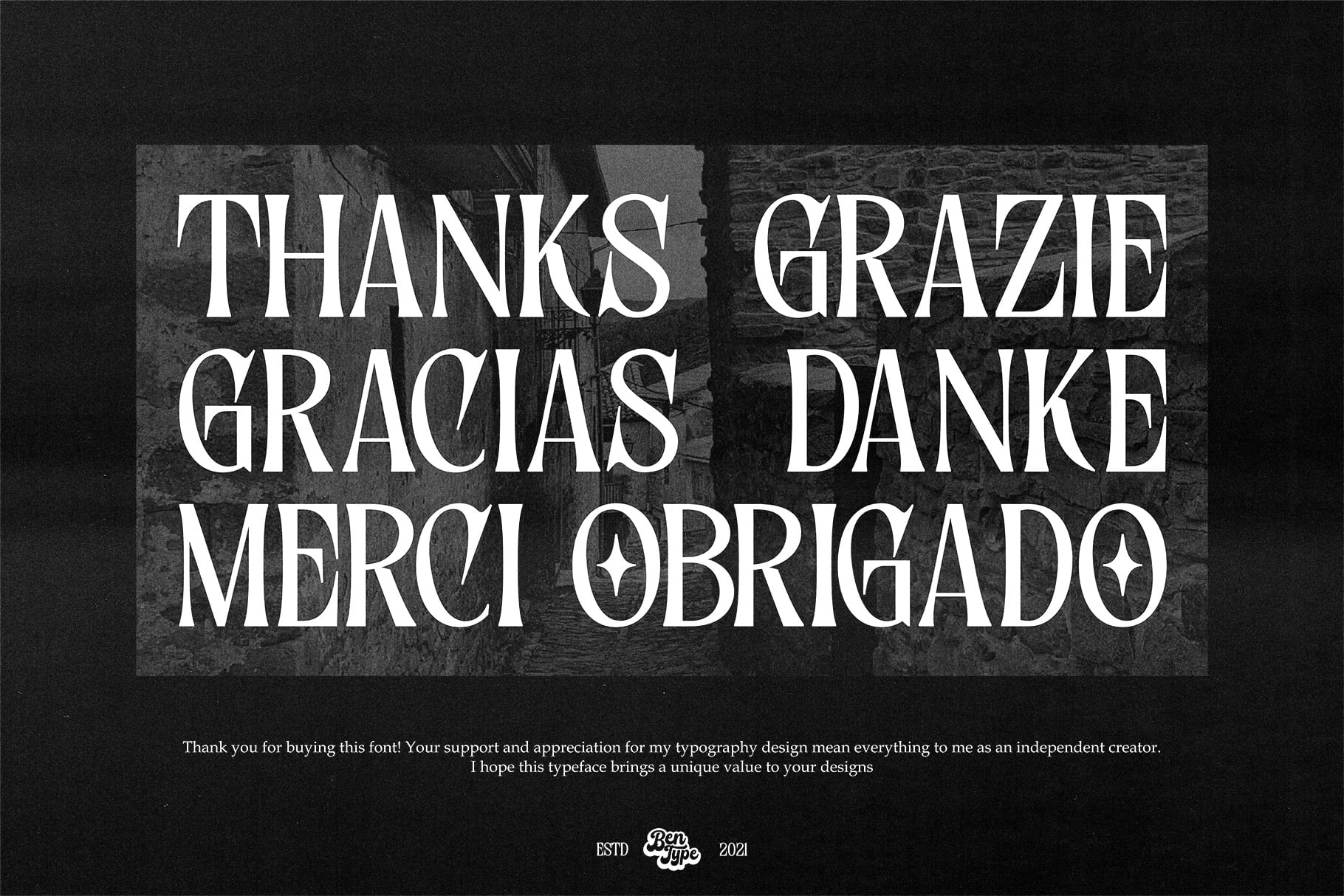 Multilingual thank you message in elegant serif font over textured brick background