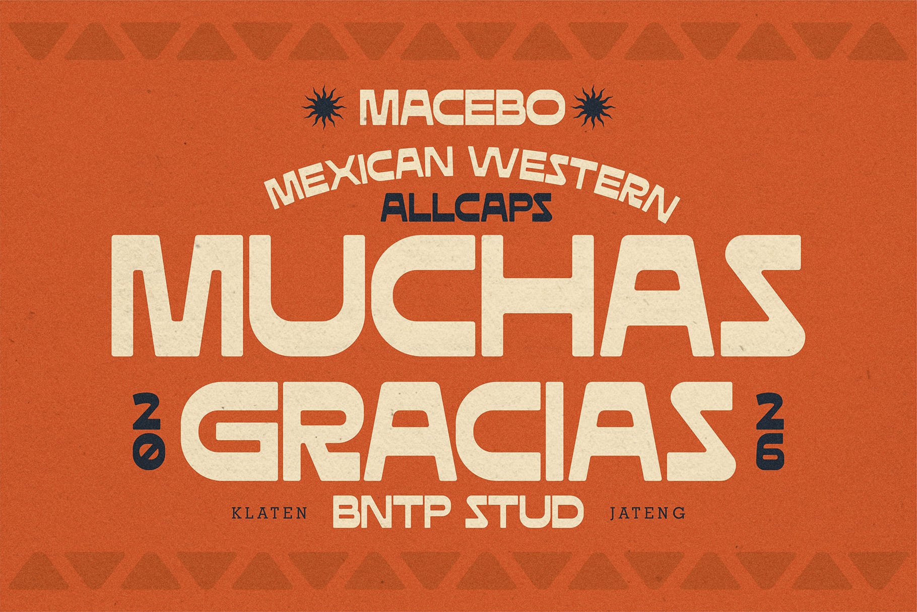 Retro Mexican Western font with fat letters, cream on burnt orange with geometric patterns
