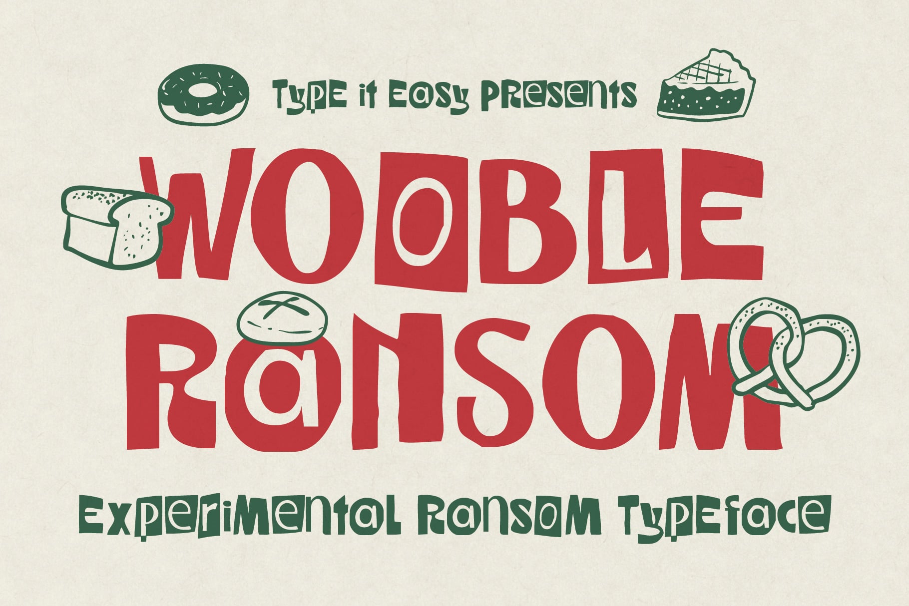 Wobble Ransom experimental typeface with playful food doodles in red, cream, green