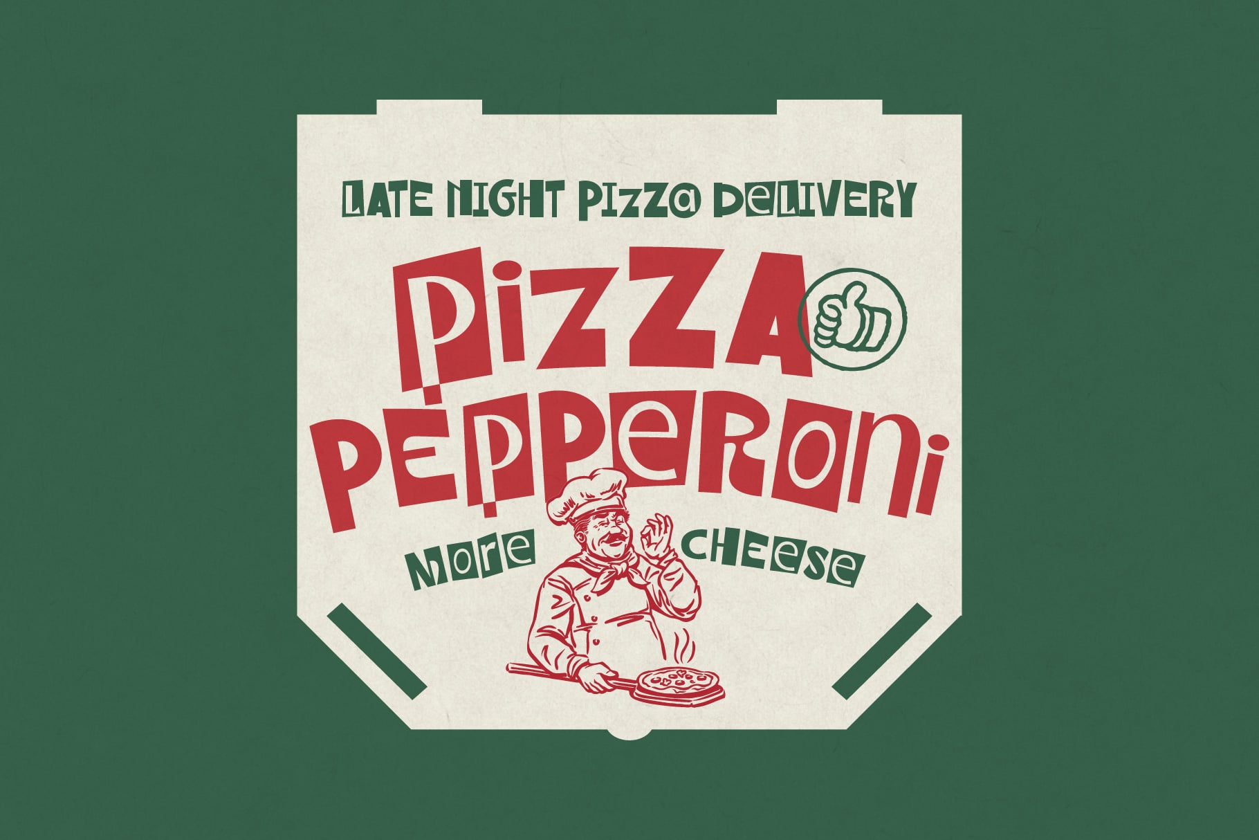 Retro pizza box design with bold red lettering on cream background, chef illustration