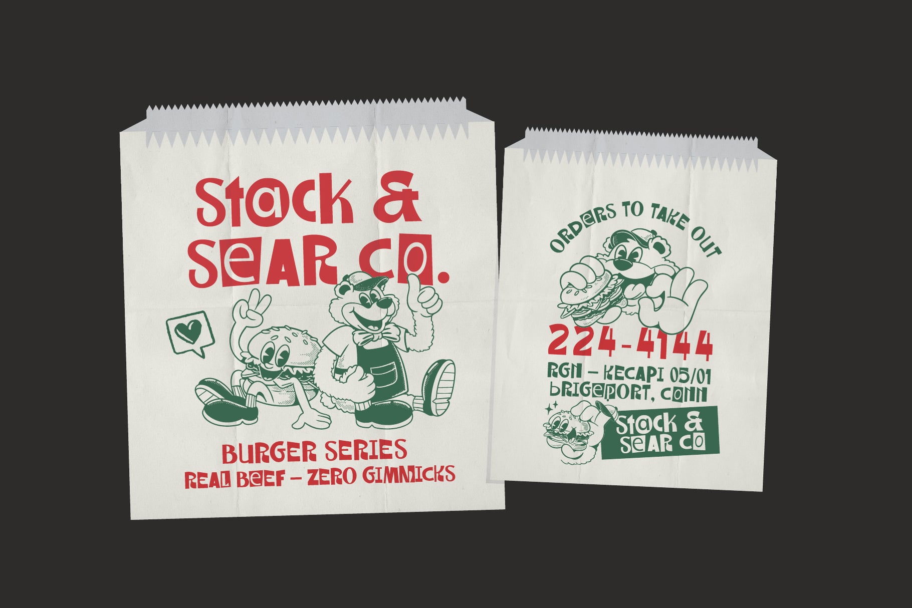 Retro paper bag mockup for Stock & Sear Co burger shop with vintage cartoon characters