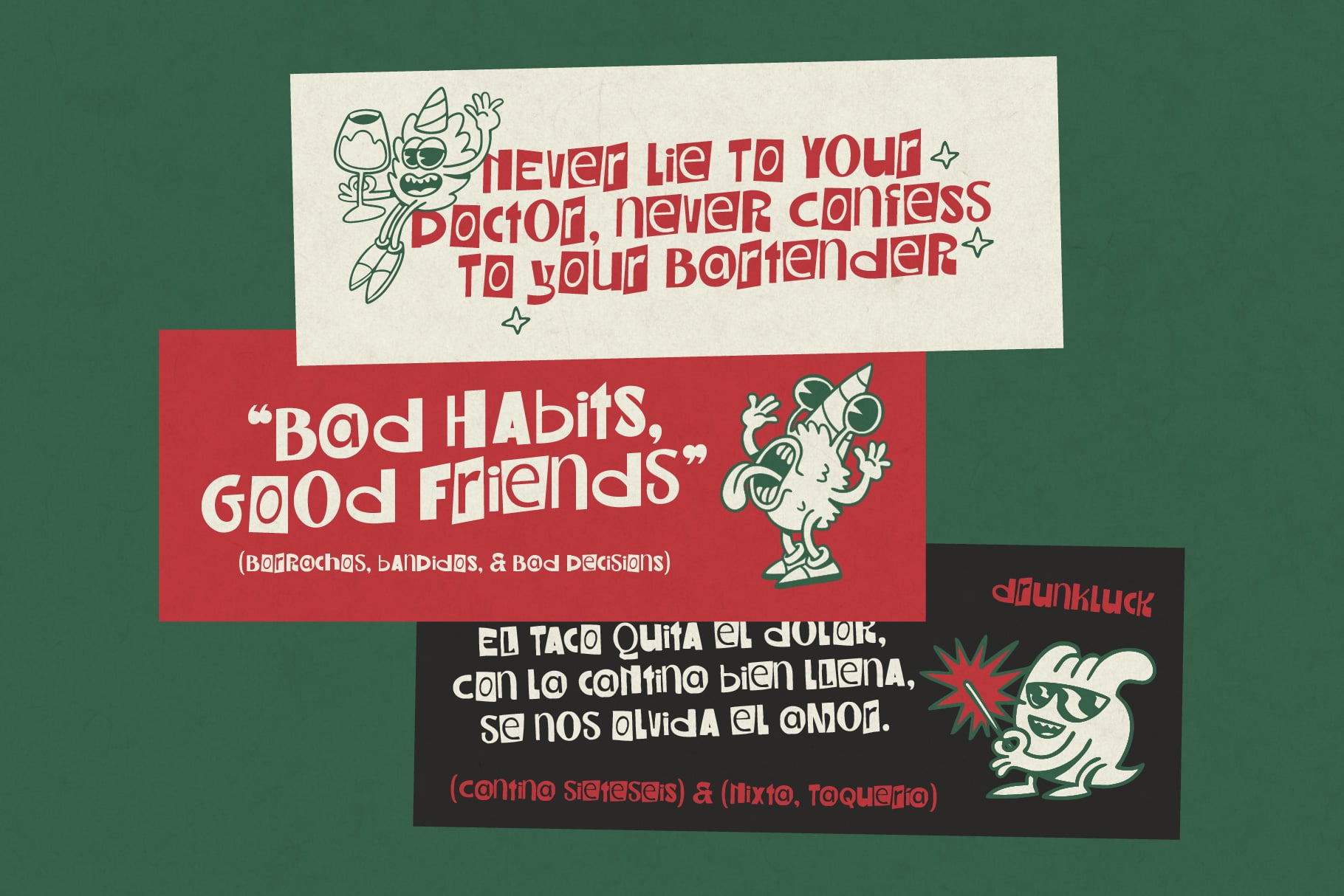 Retro illustrated quote cards with cheeky wisdom, vintage characters, red, cream, black color blocks