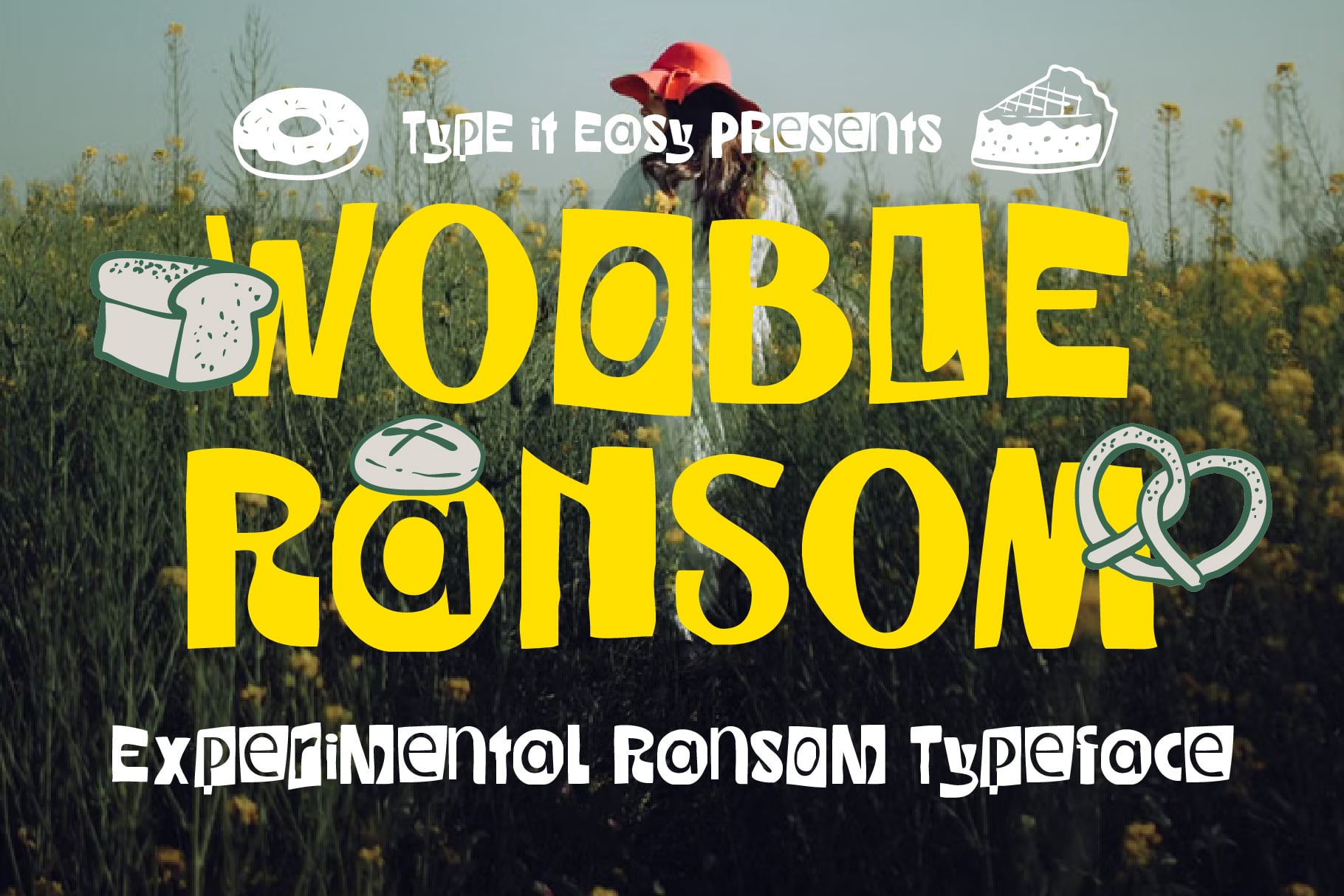 Wobble Ransom experimental typeface with playful bread doodles over field backdrop