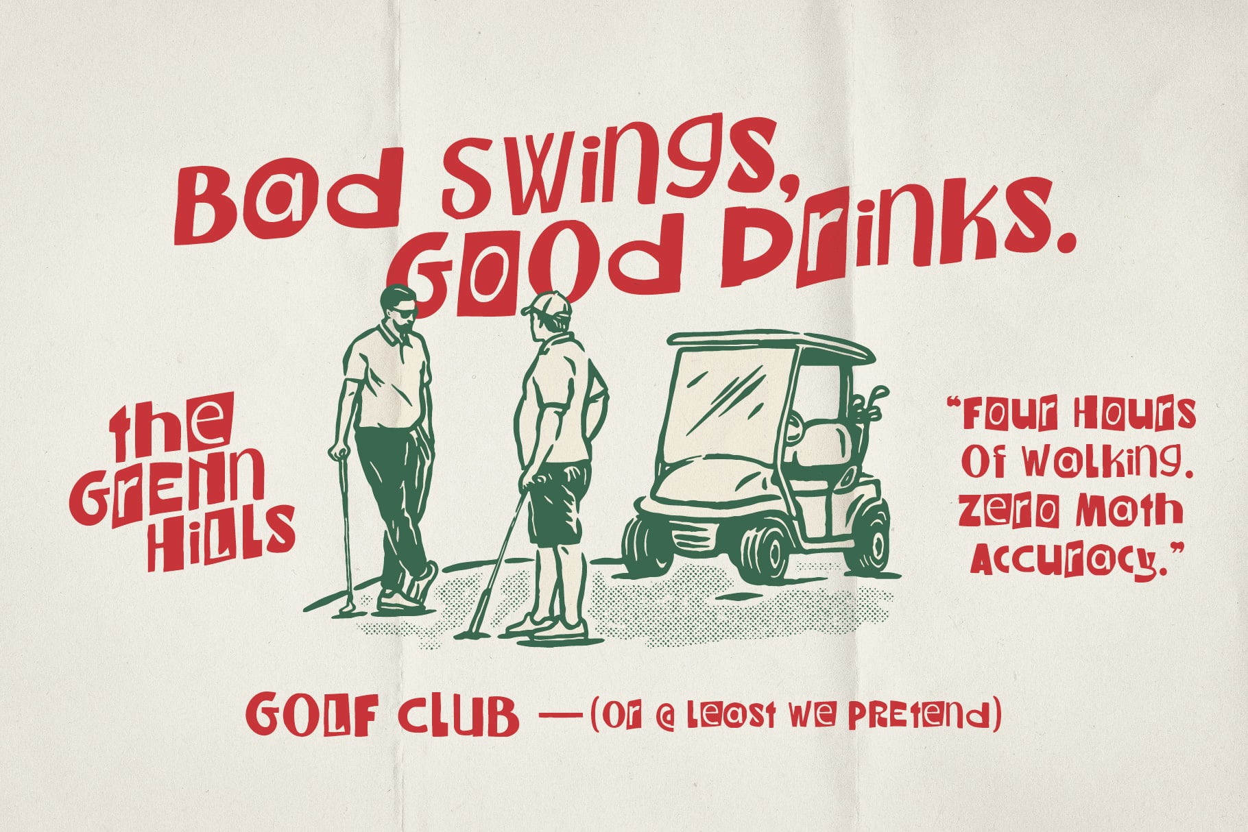 Retro golf shirt design with red text, two golfers, cart, plus funny quotes about bad swings