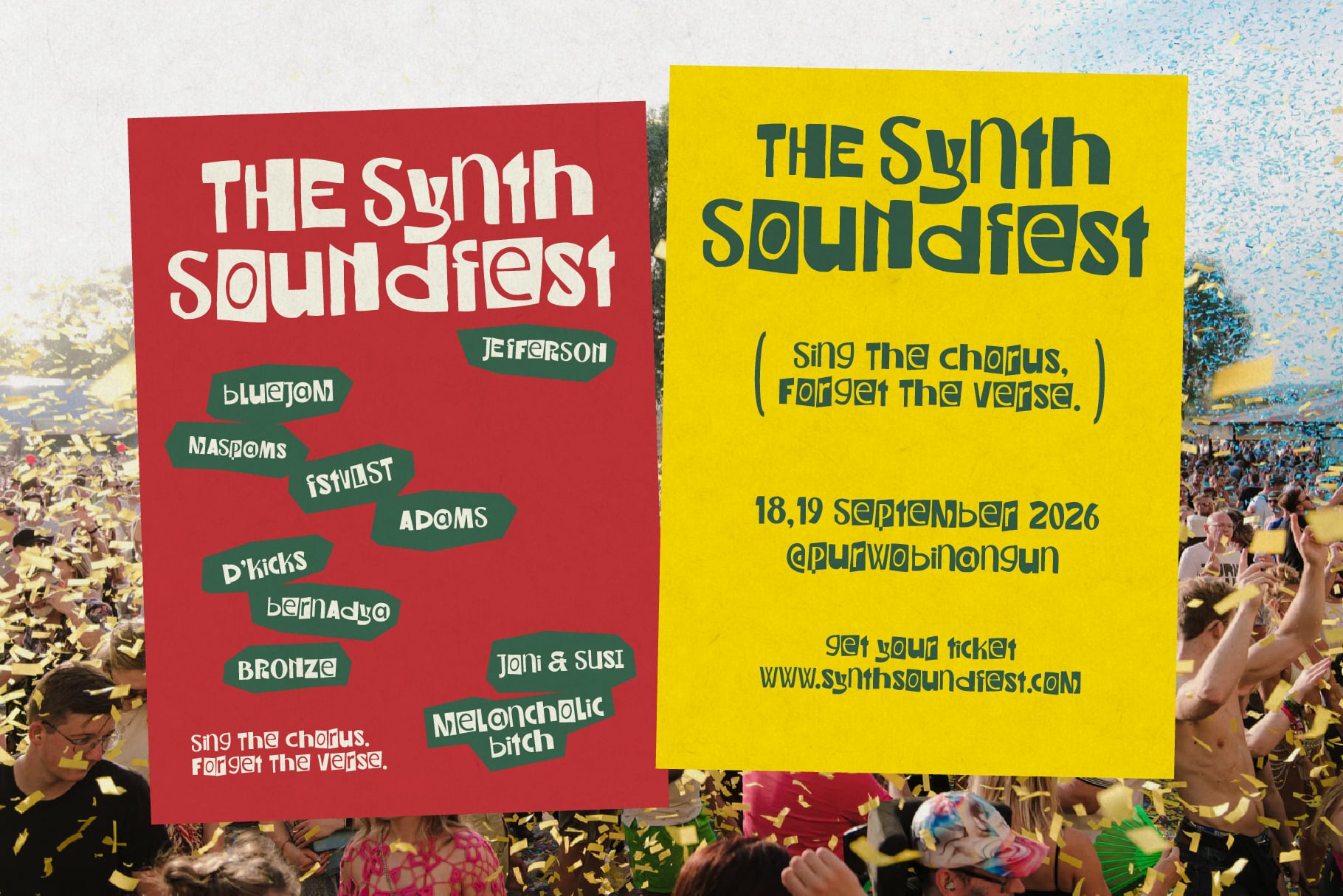 Two bold event posters in red plus yellow with band names, dates, ticket info for synth soundfest