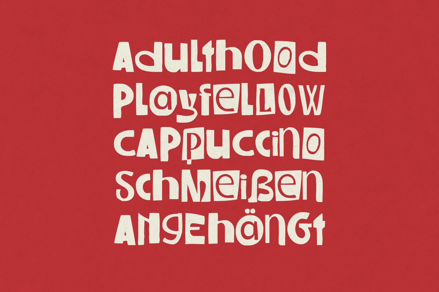 Chunky cream typeface with playful cutouts spelling life phases on bright red background