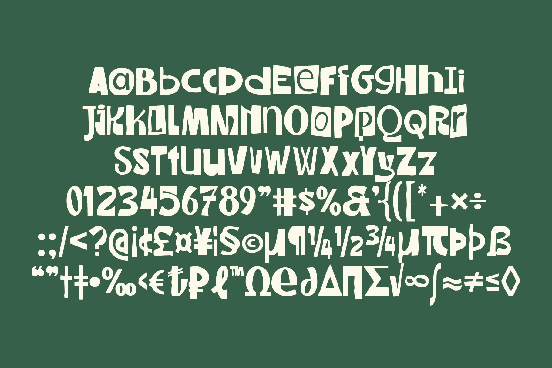 Bold sans serif font with full character set including numbers, symbols, on sage green background