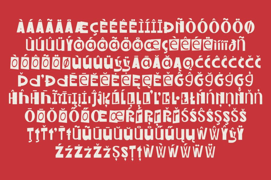 Bold sans serif font with extended character set showing accented letters on red background