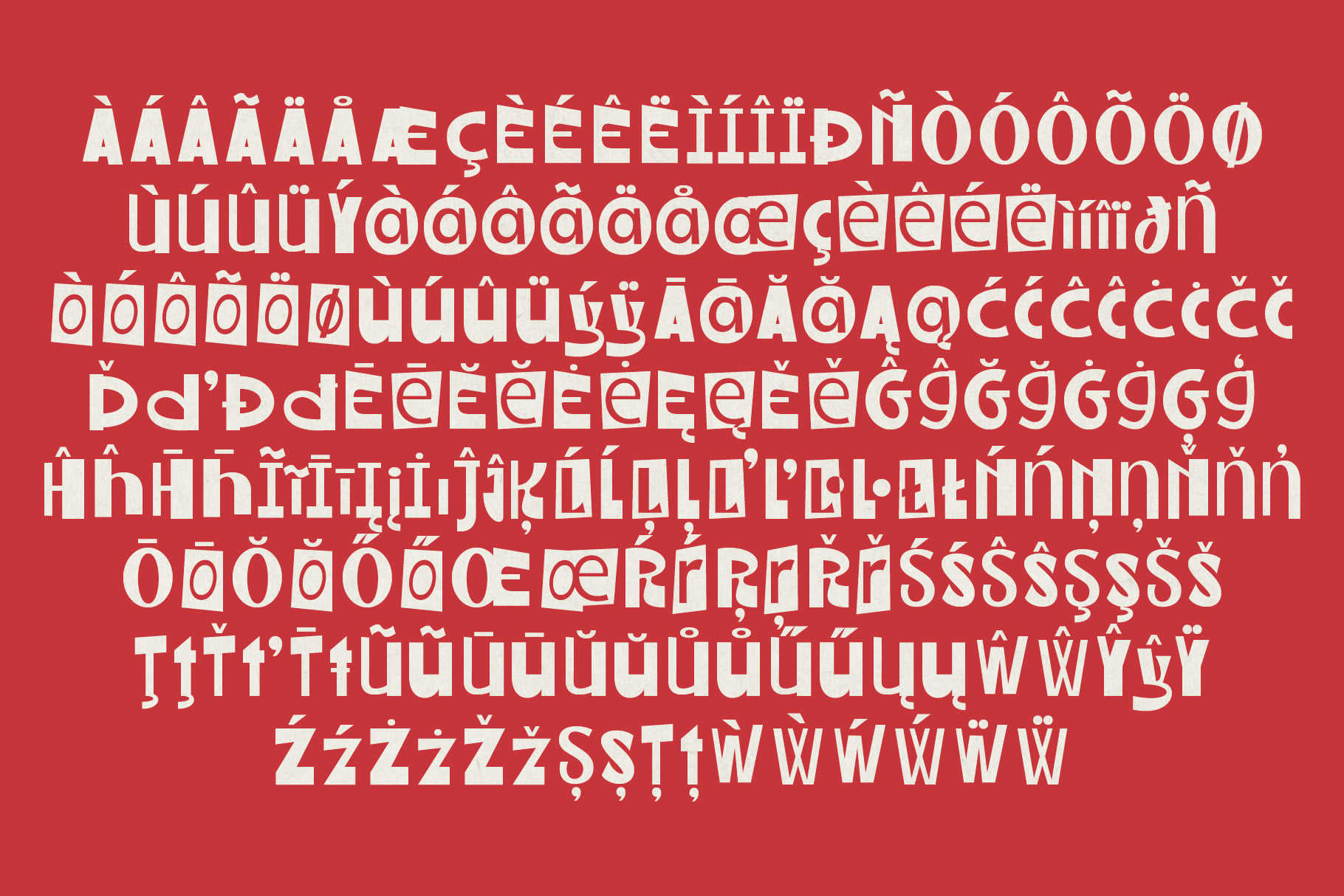 Bold sans serif font with extended character set showing accented letters on red background