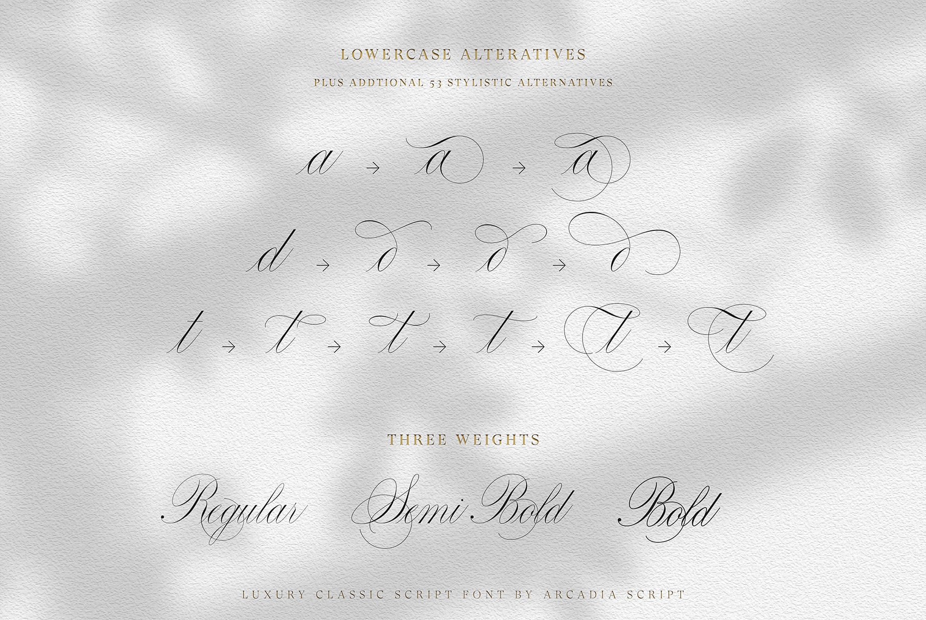 Elegant script font showing lowercase letter variations with three weight options: regular, semi-bold, bold