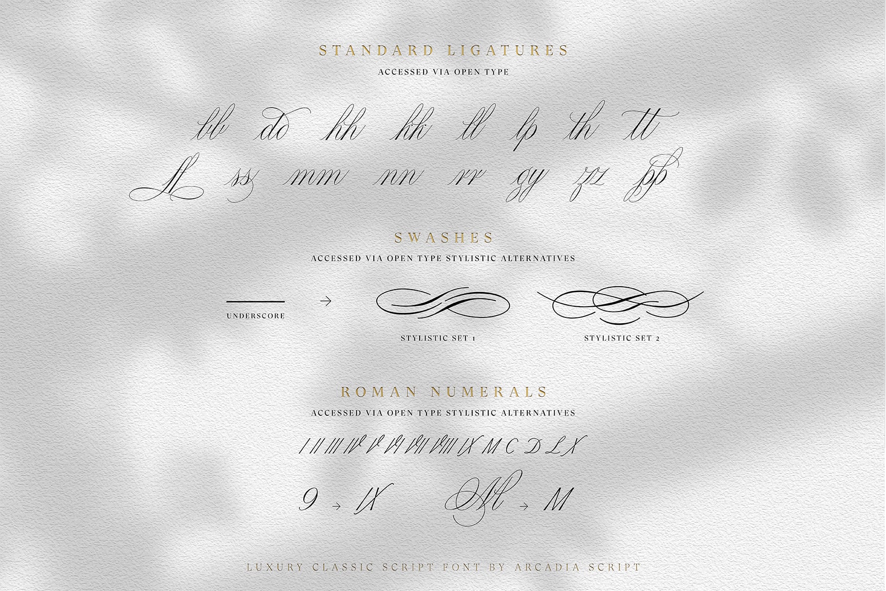 Elegant script font showing ligatures, swashes, stylistic alternates, roman numerals on textured paper background