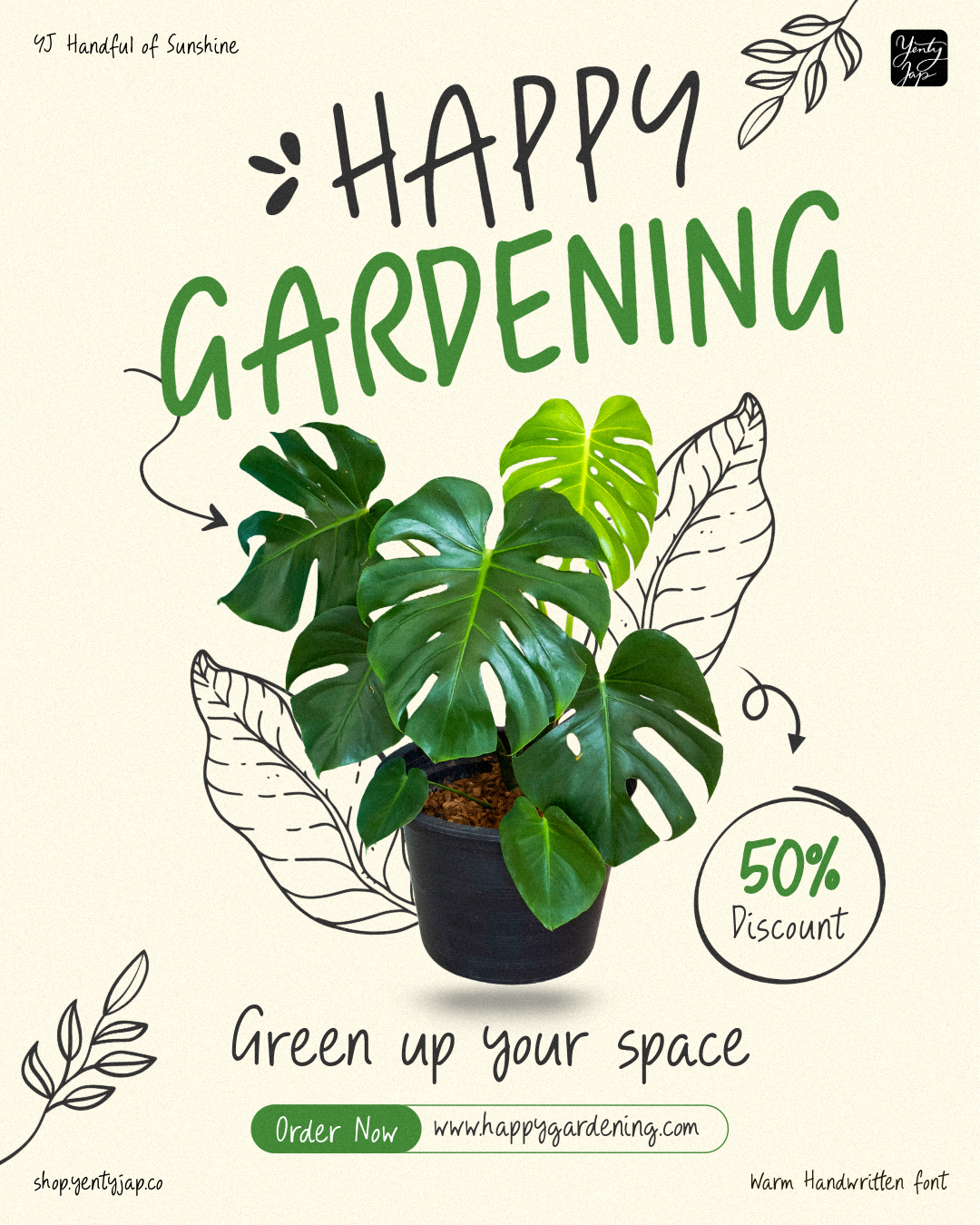 Handwritten gardening poster with monstera plant, leaf illustrations, happy gardening text, 50% discount badge