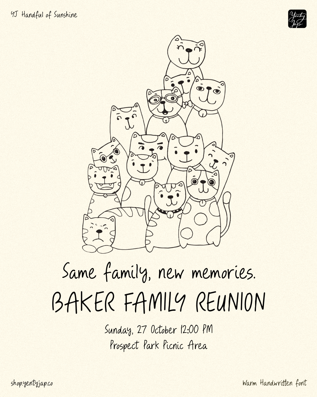 Stacked cats with different expressions in handdrawn line style for family reunion invite