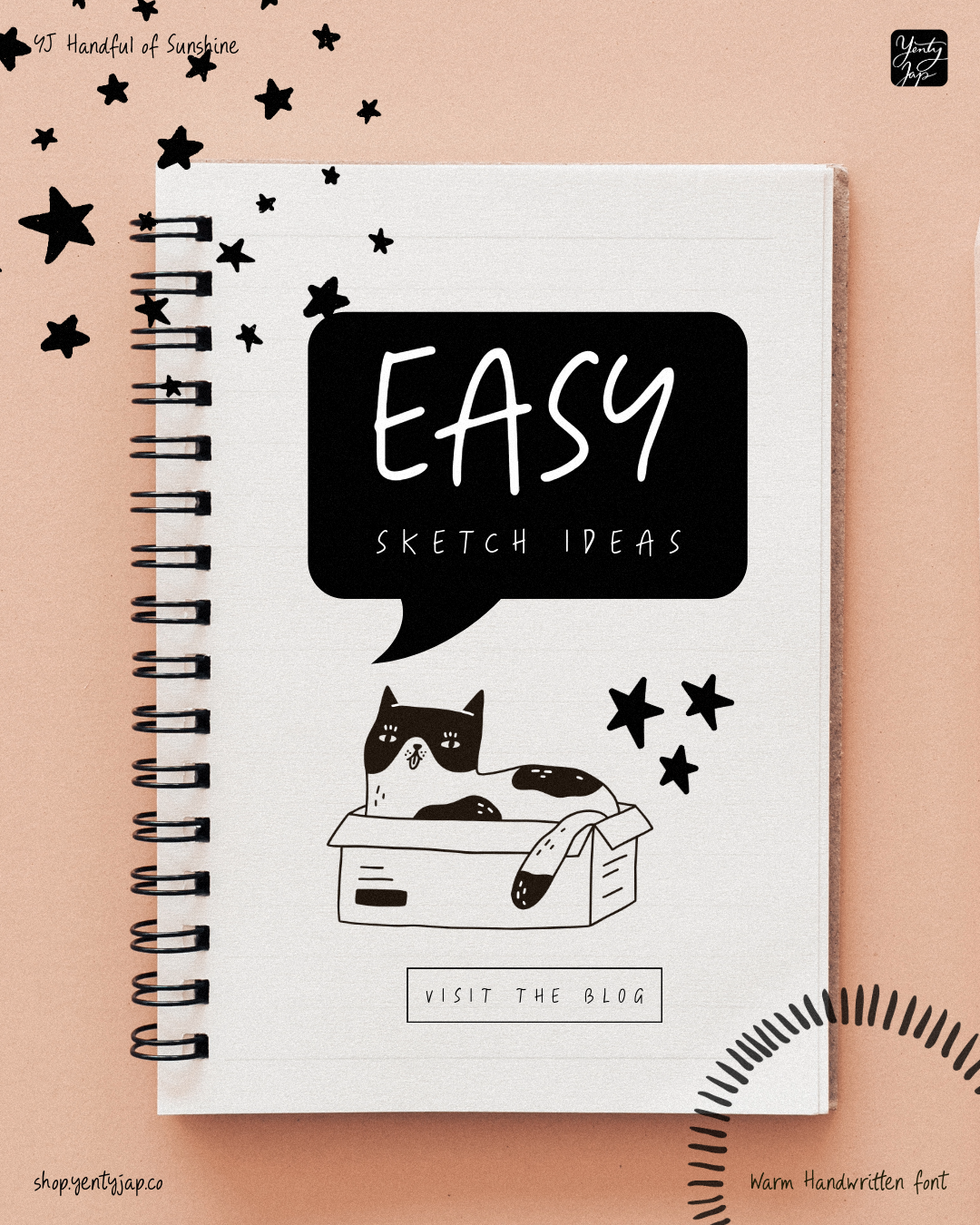 Spiral notebook cover with "Easy Sketch Ideas" speech bubble, cute cat in box, scattered stars