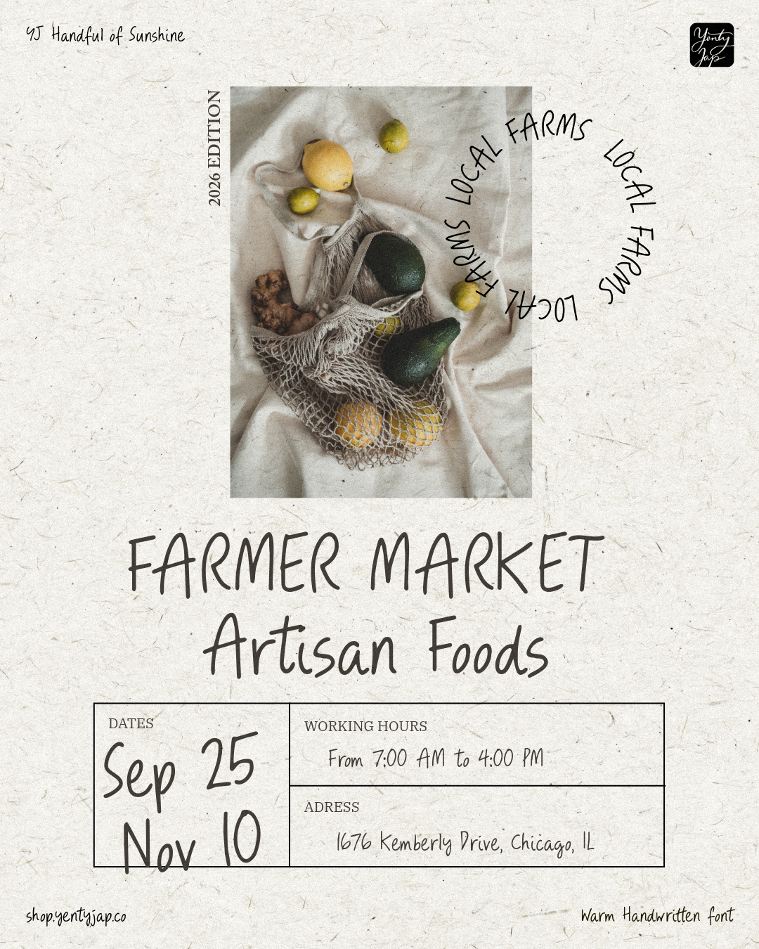 Farmer market poster mockup with mesh bags of produce, handwritten typography, dates, hours, plus address details
