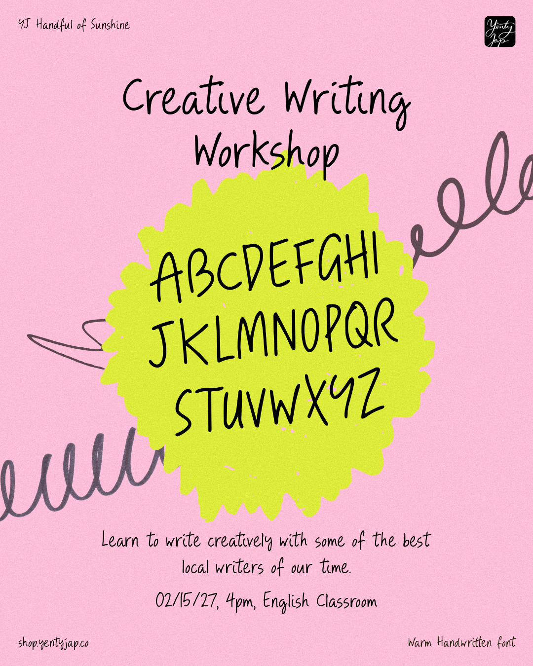 Bright pink poster for creative writing workshop with neon yellow burst shape showing alphabet letters