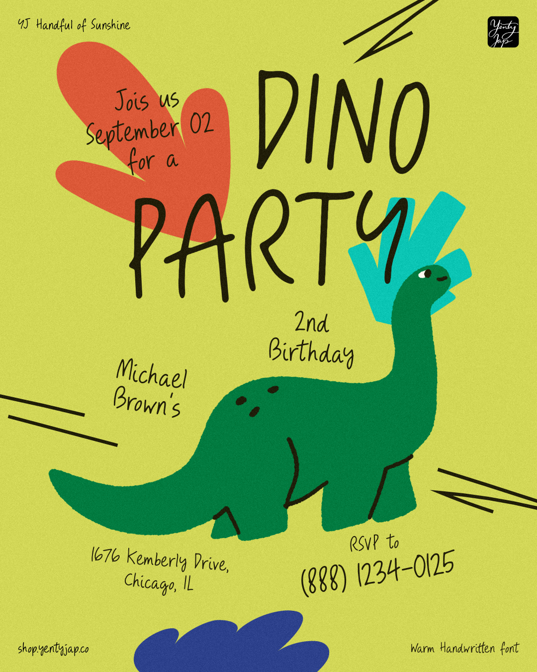 Bright yellow invitation flyer featuring colorful dinosaur with red cactus, bold handwritten text layout for kids birthday party