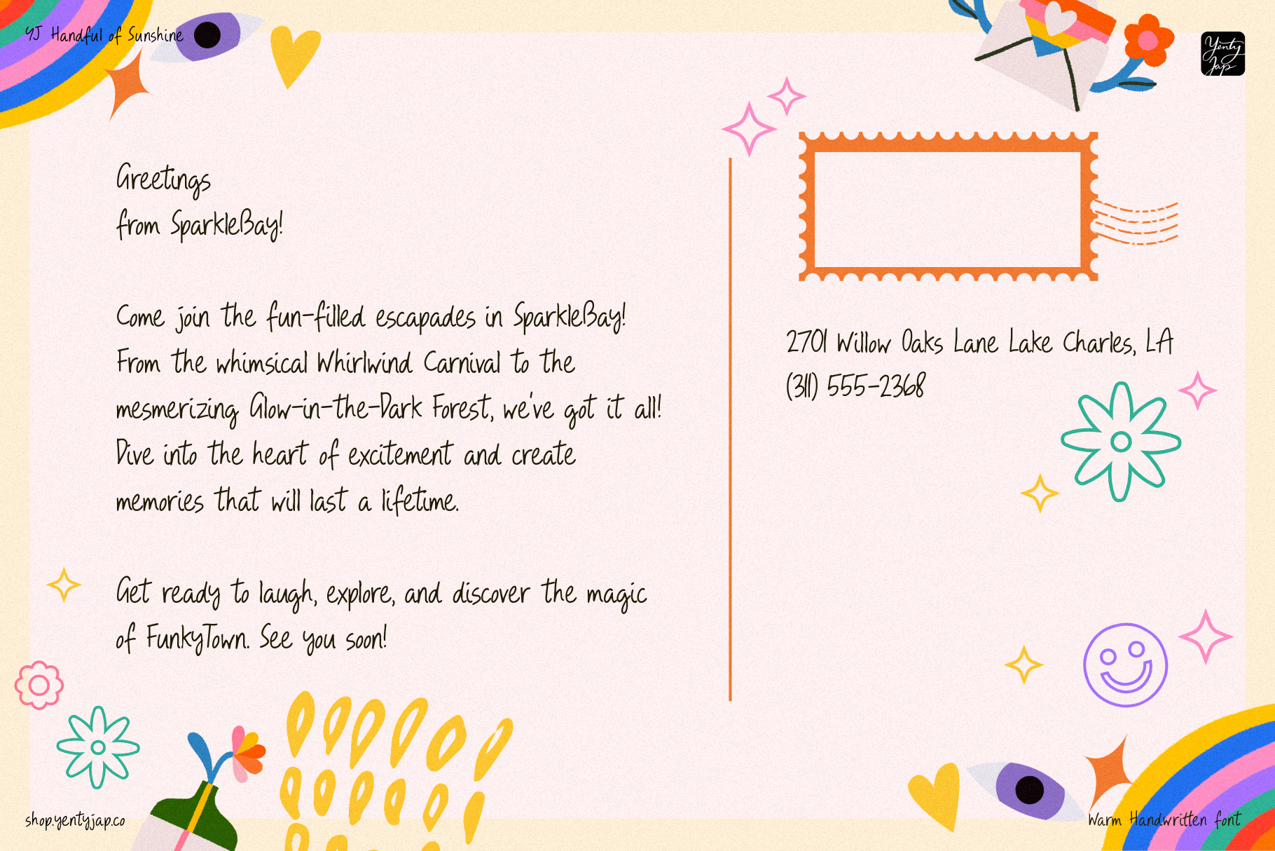 Colorful postcard mockup with rainbow borders, playful doodles, handwritten text about SparklebBay attractions, plus stamp frame for photos