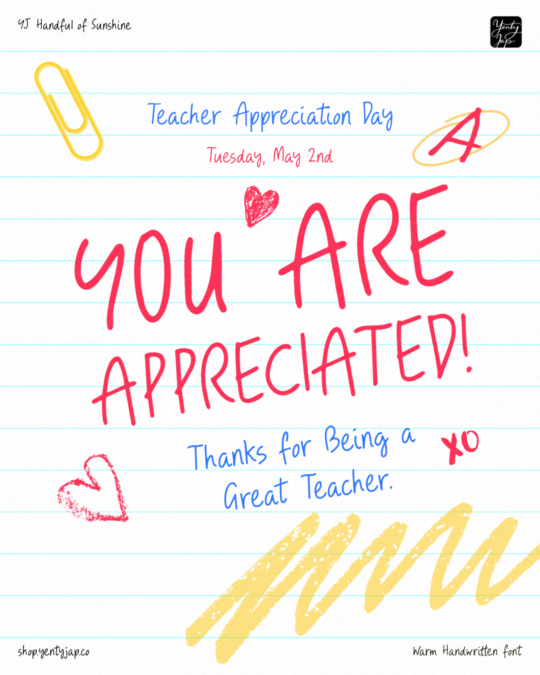 Handwritten teacher appreciation card with colorful doodles on lined paper background