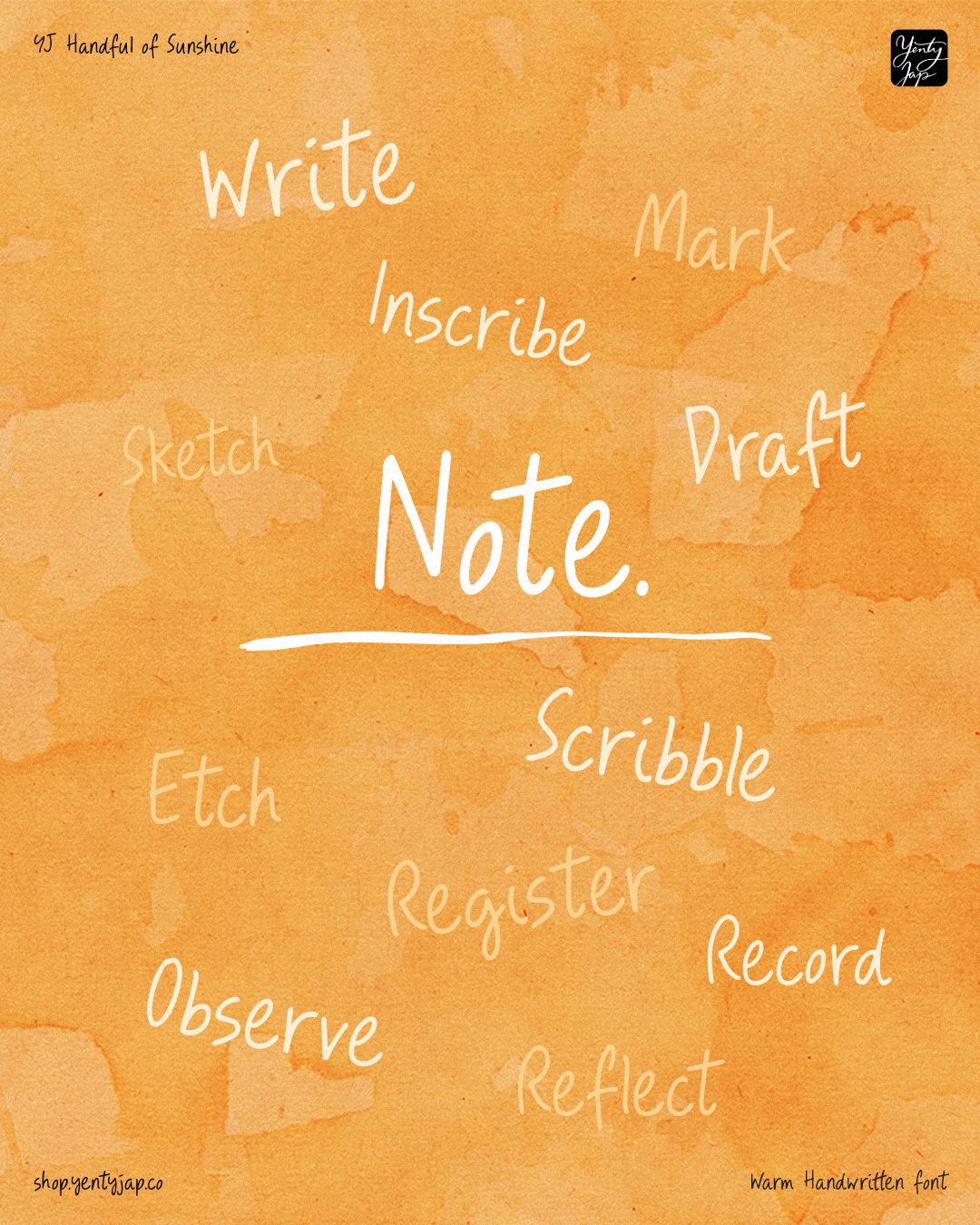 Warm watercolor background with handwritten words scattered around "Note" in casual script font