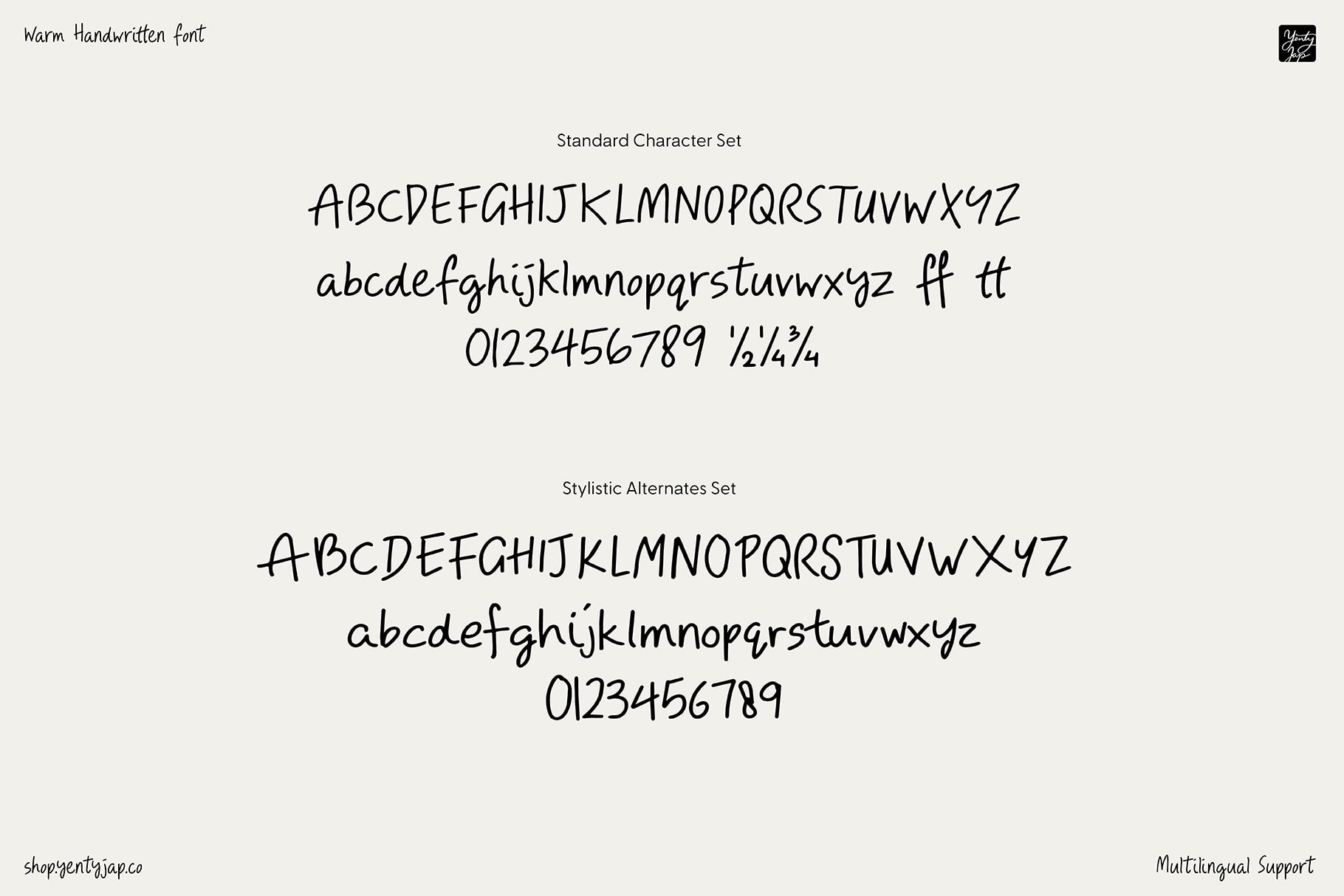 Casual handwritten font showing uppercase, lowercase, numbers with stylistic alternates
