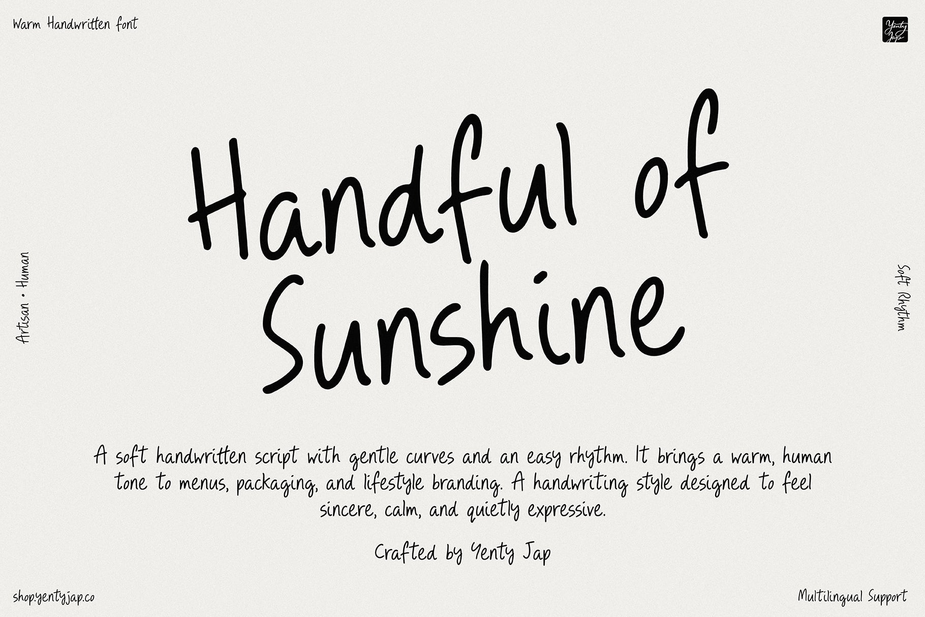 Soft handwritten script font with flowing curves, warm feel for branding, packaging, menus