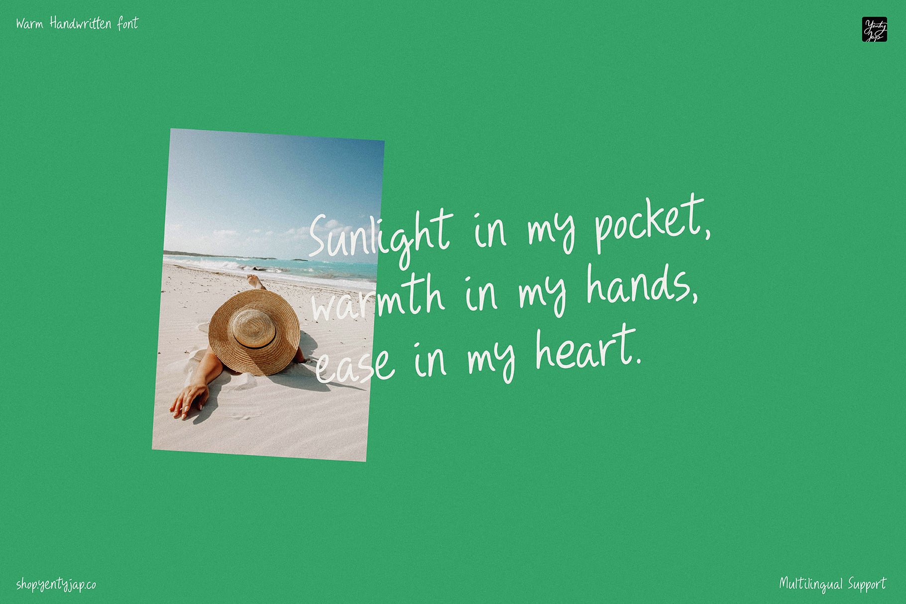 Handwritten font overlaid on beach photo with person in straw hat