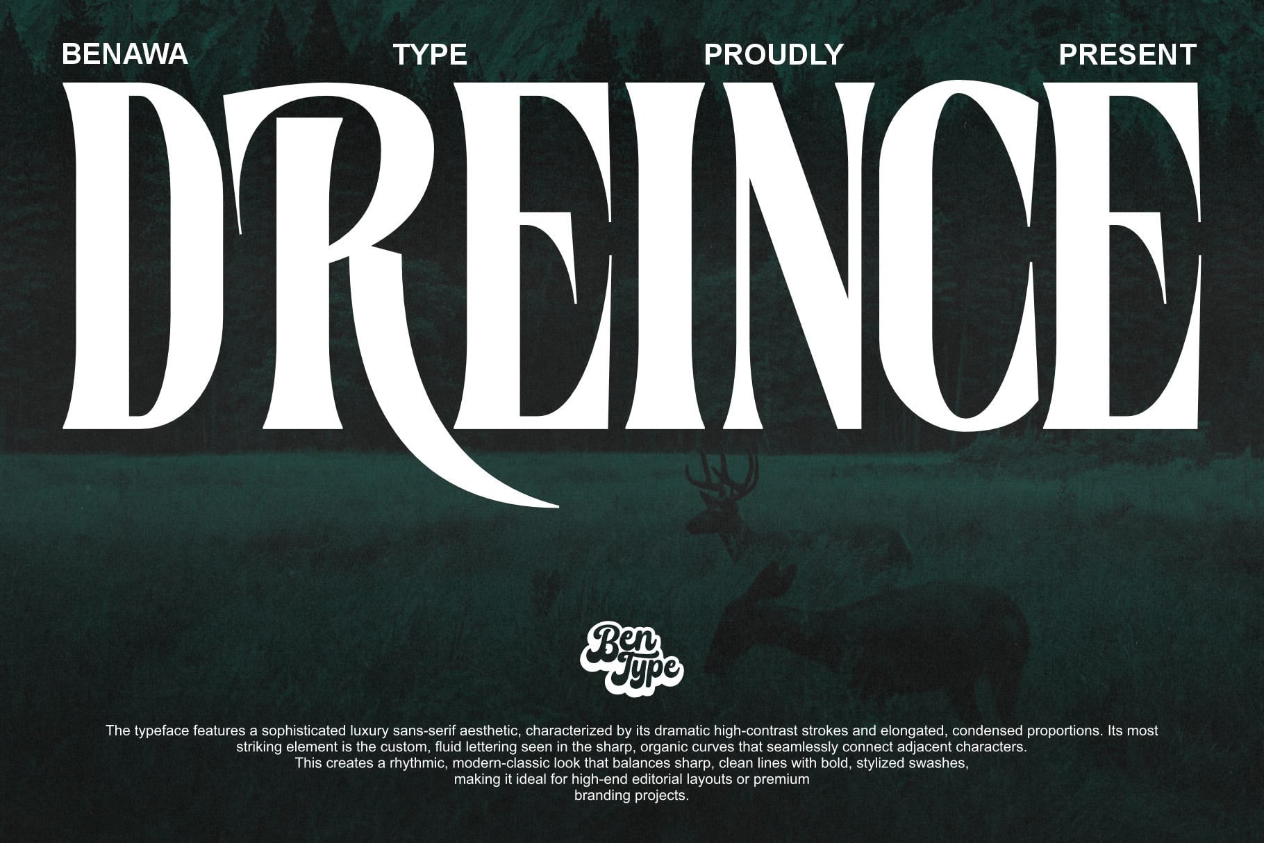 Drenoe sans-serif typeface with dramatic strokes on dark textured background