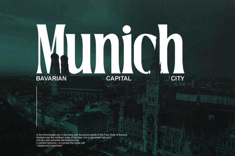 Munich cityscape overlay with bold white typography on moody teal background