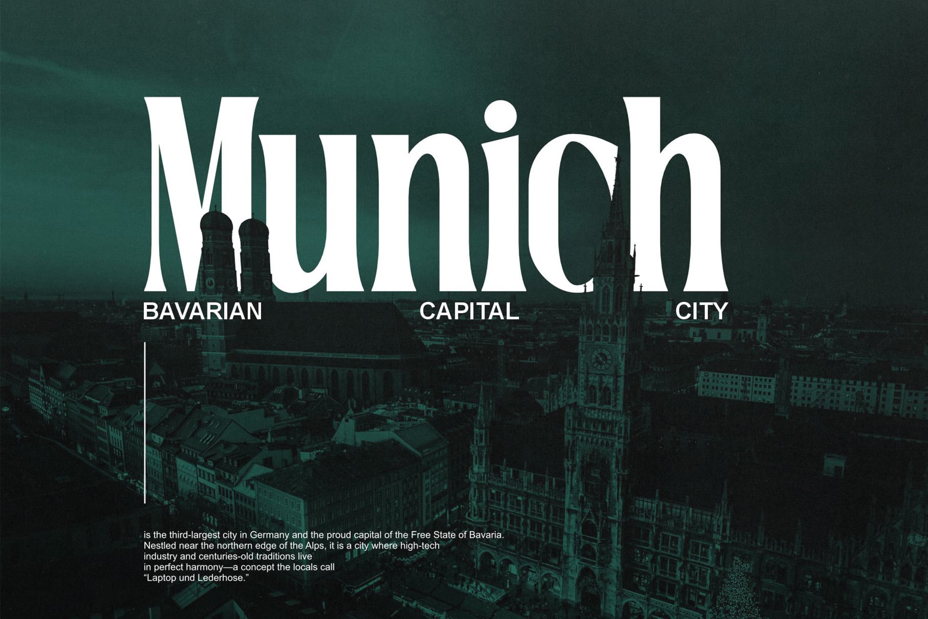Munich cityscape overlay with bold white typography on moody teal background