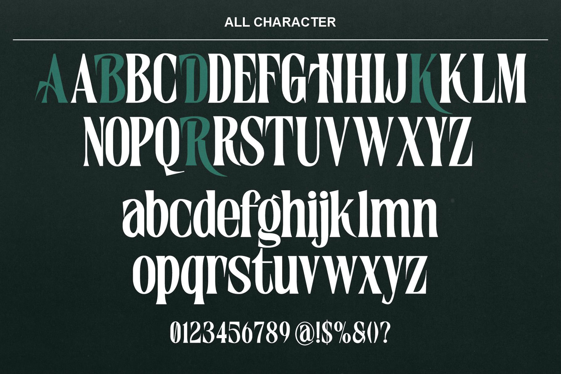 Serif font showing uppercase, lowercase letters, numbers, plus special characters on dark green background