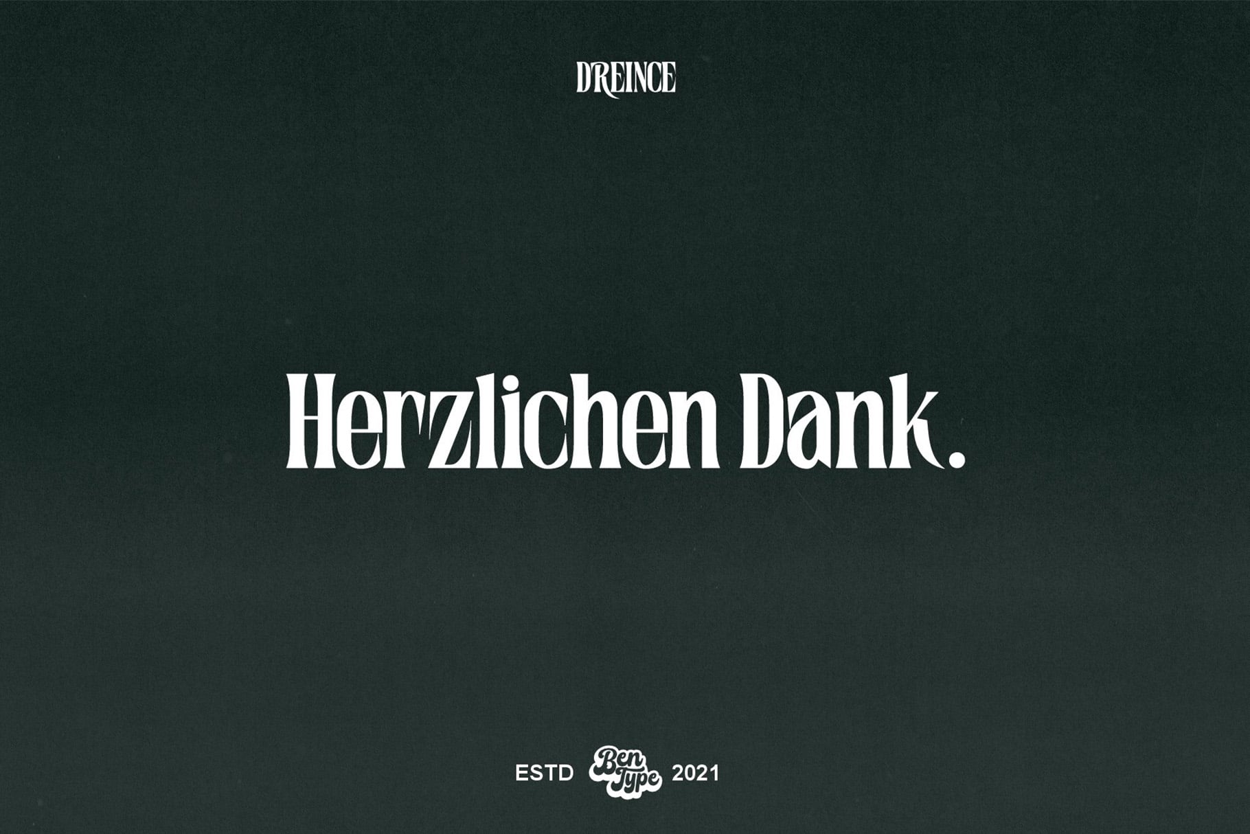 Drience serif typeface specimen showing "Herzlichen Dank" in bold white letters on dark green background