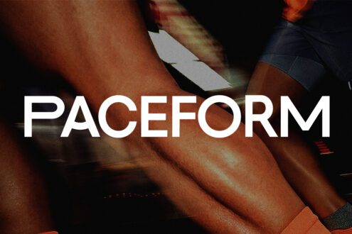 Close up of Paceform typeface overlaid on textured athletic wear material