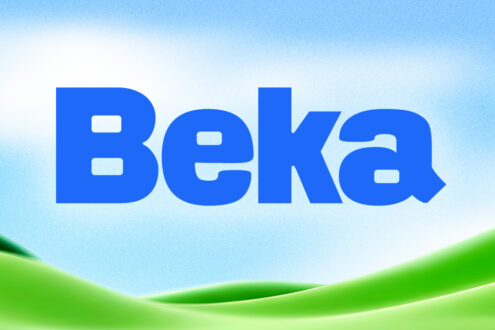 Blue sans-serif wordmark Beka displayed on sky gradient with green wave detail below