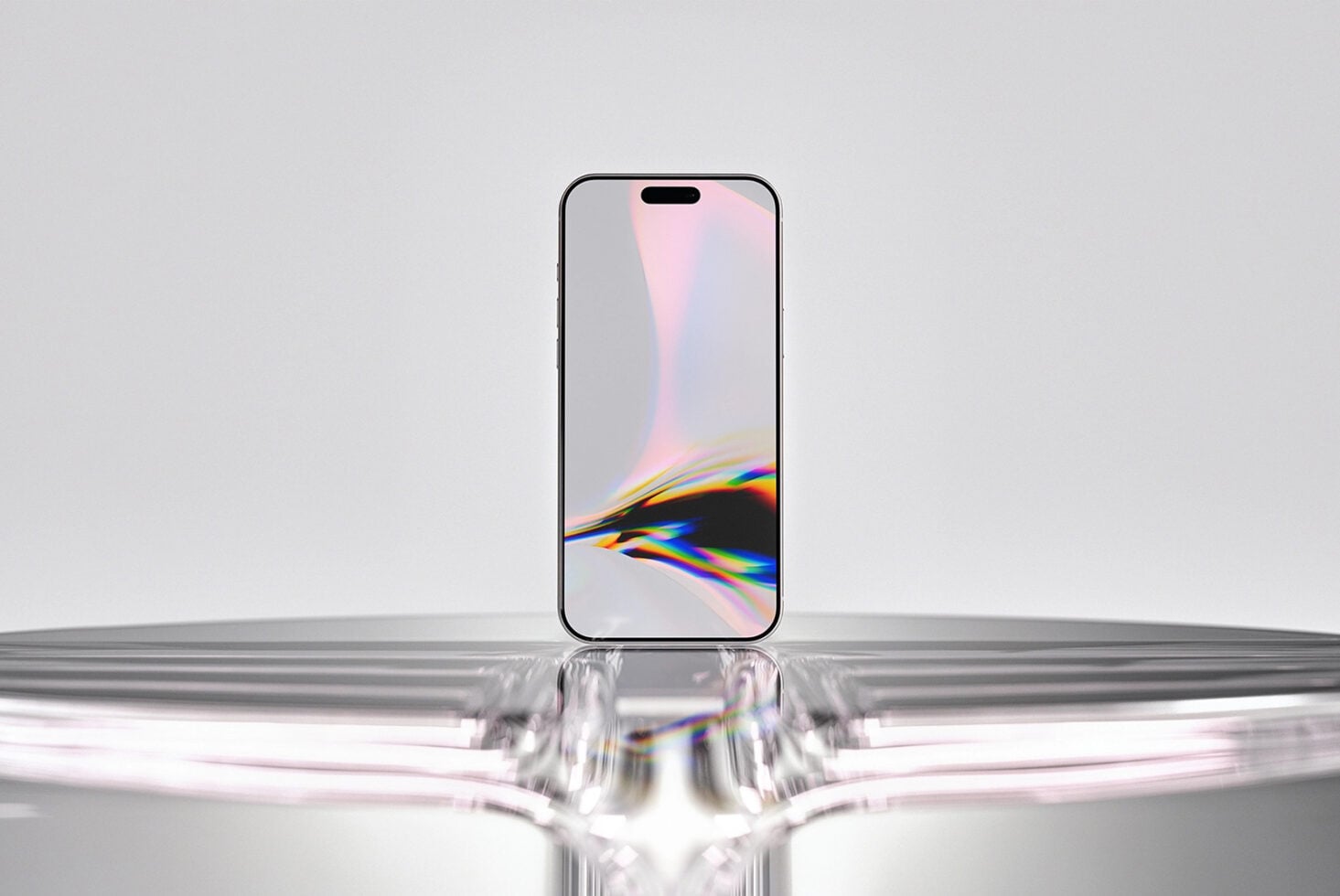 iPhone 14 Pro mockup with rainbow prism display, sitting on reflective glass surface