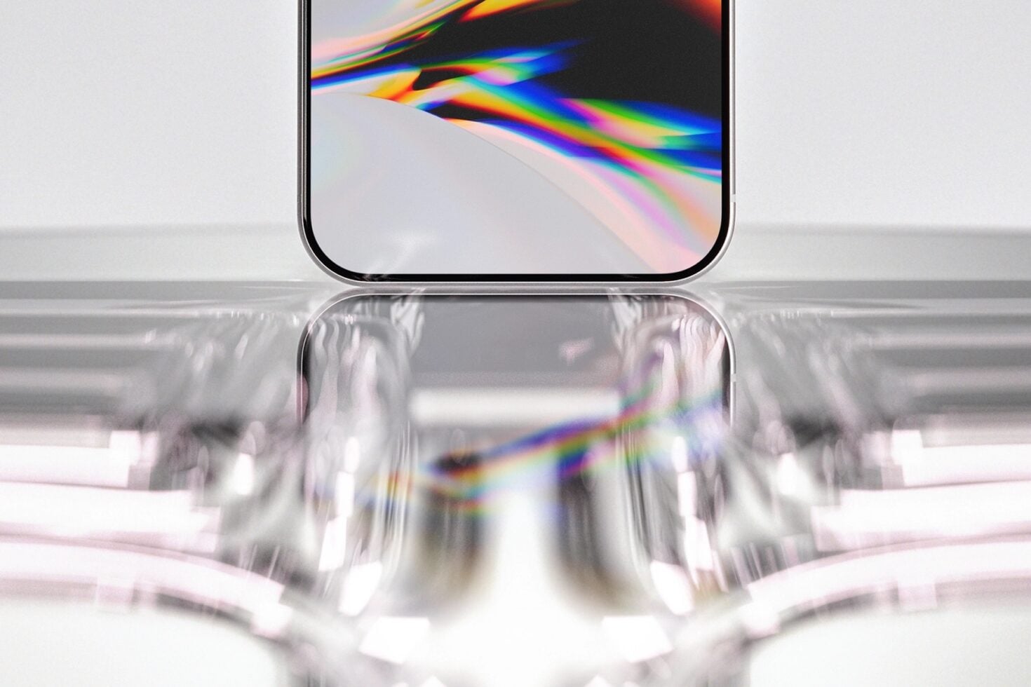 iPhone mockup with vibrant rainbow light refraction prism effect on screen