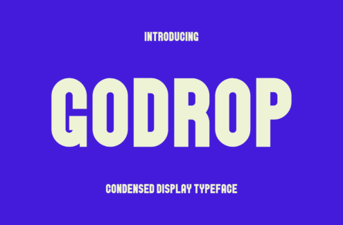 Godrop condensed display typeface on vibrant purple background with intro text