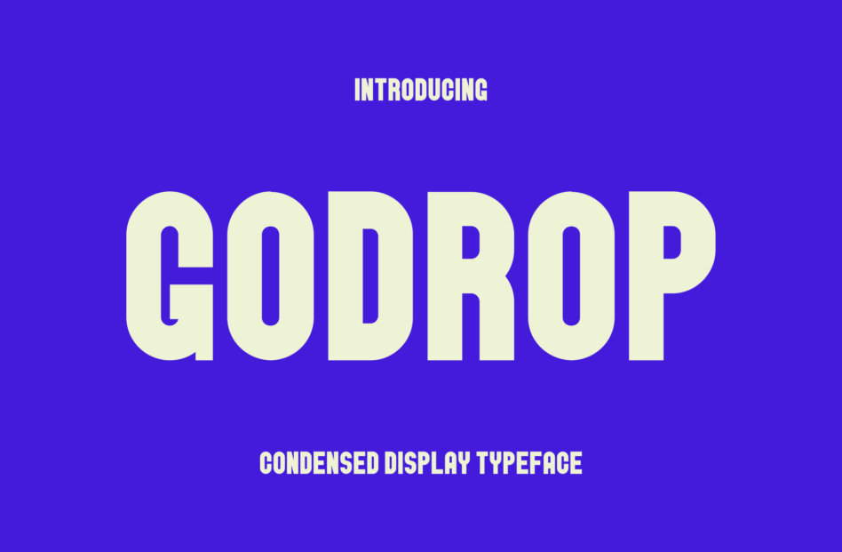 Godrop condensed display typeface on vibrant purple background with intro text