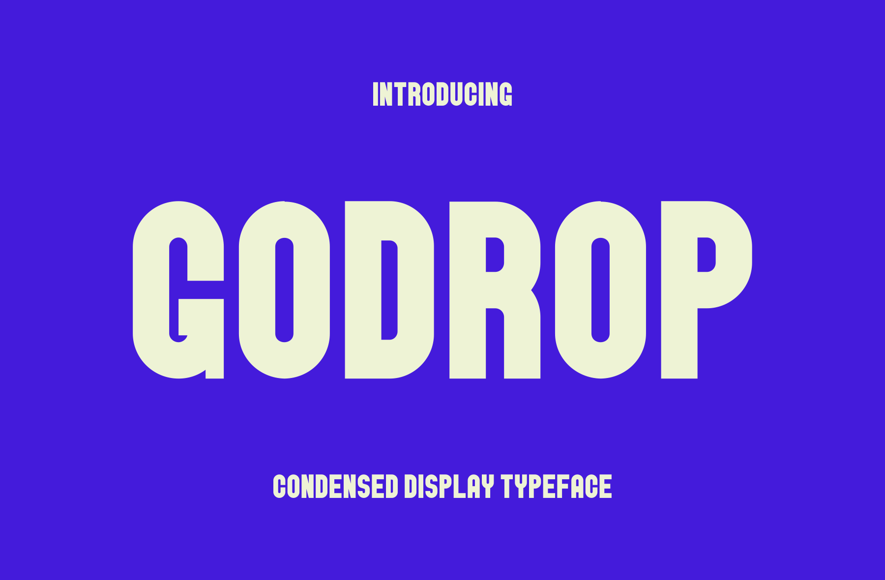 Godrop condensed display typeface on vibrant purple background with intro text