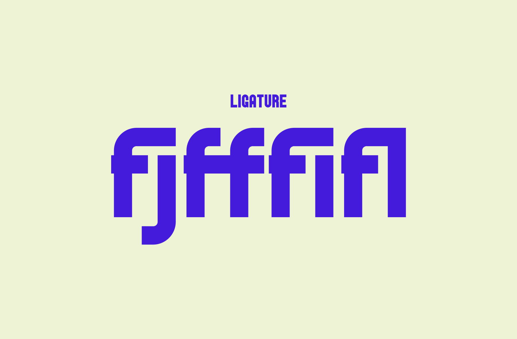 Ligature font display showing bold blue typeface with connected letterforms on cream background