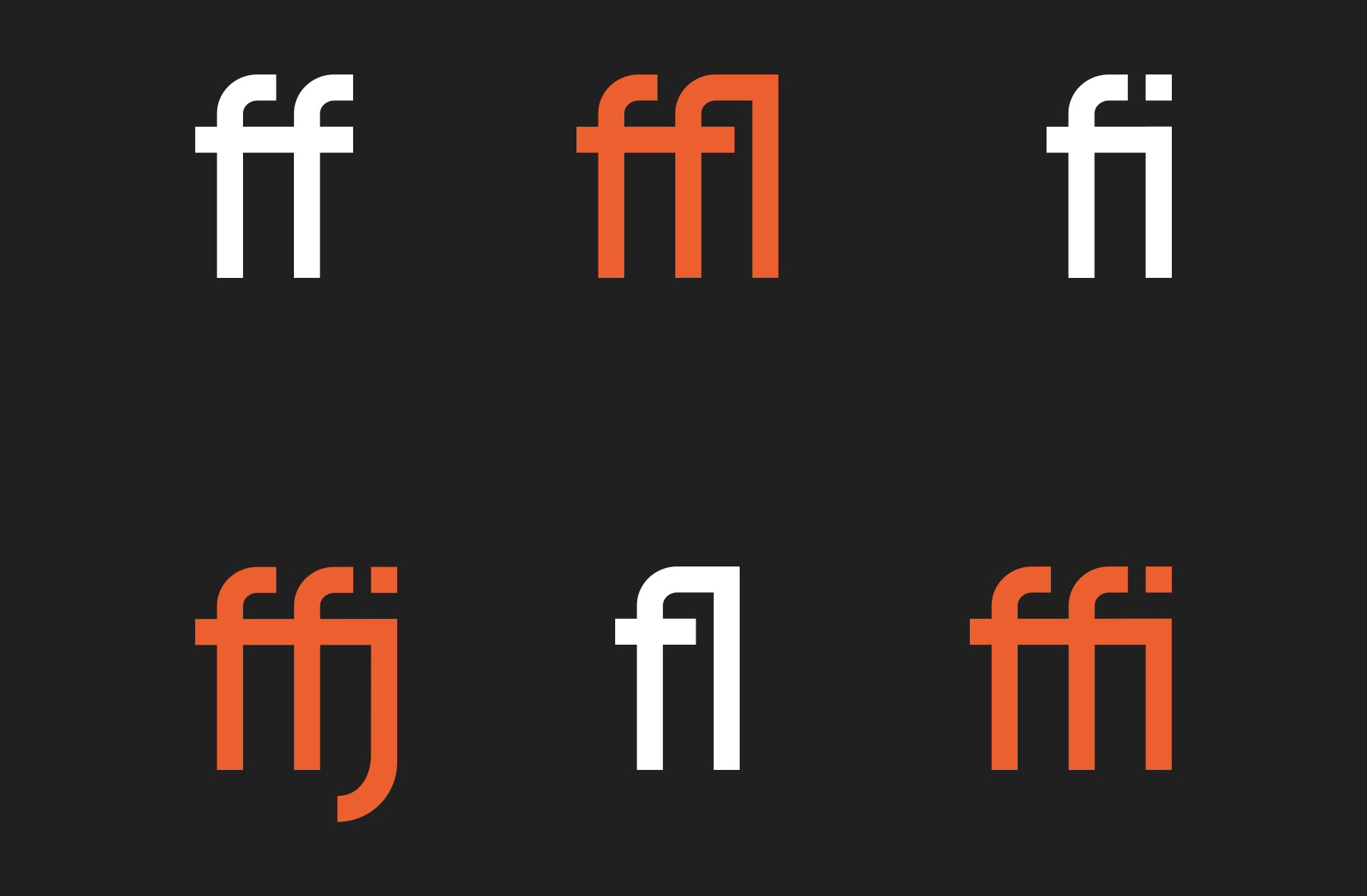 Modern ff ligature variations in white, orange, plus single f on dark background