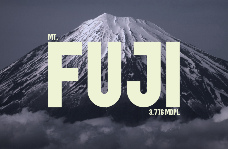 Bold cream typography overlaid on snowy mountain peak with elevation text below
